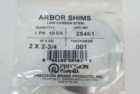 10 Precision Brand USA Milling Machine Arbor Spacers 2" x 2-3/4" x.001" Shim