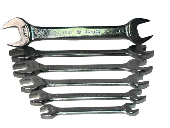 New Old Stock 1960's Gray Canada 6pc Double End Wrench Set 5/16"- 7/8" c/w Metal Holder