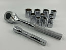 New Old Stock PROTO USA made TorquePlus 12pc High Polish 1/2" Dr 12 pt Socket Set with Ratchet  7/16" - 1" Range - Cardon Tools