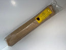 Packaged brown product with a yellow label on a white surface