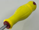 Yellow-handled screwdriver with red accents on a light gray background