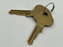 Two brass keys on a white background