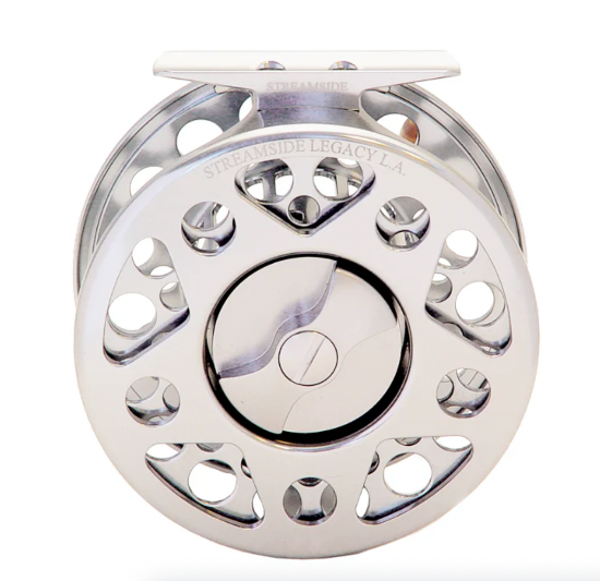 Silver Streamside Legacy  fly fishing reel on a white background