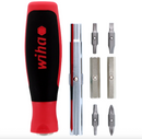 Red and black Wiha tool with multiple interchangeable heads on a white background