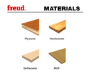 Wooden materials including plywood, hardwoods, softwoods, and MDF with Freud logo.