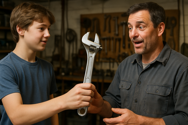 Teenage son handing father a realistic adjustable wrench in garage