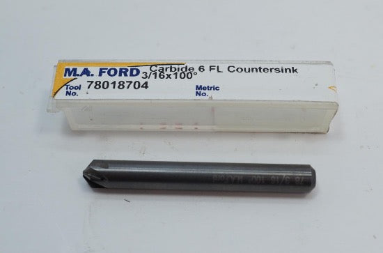 New M.A. Ford Carbide 6 Flute Chatterless Countersink 3/16" x 100° Drill Bit 