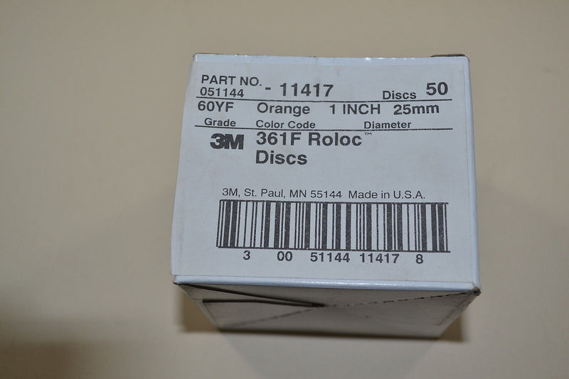 NEW Box of 50 3M USA 361F  1"  60 Grit Roloc Sanding Discs 051111-11417 (WL.2.D3