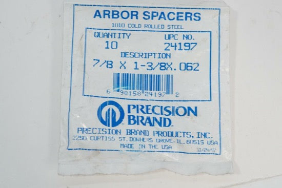 New Old Stock 10  Precision Brand USA Milling Machine Arbor Spacers 7/8"x1-3/8"x.062" Shim